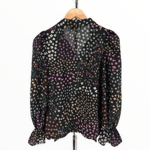Never Fully Dressed Black Meadow Floral Tie Neck Long Sleeve Cinched Cuff Top 2 - Picture 9 of 12